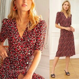 ROUJE Red Maroon Purple White Heart Print Wrap Style V Neck Gabin Midi Dress 0/2